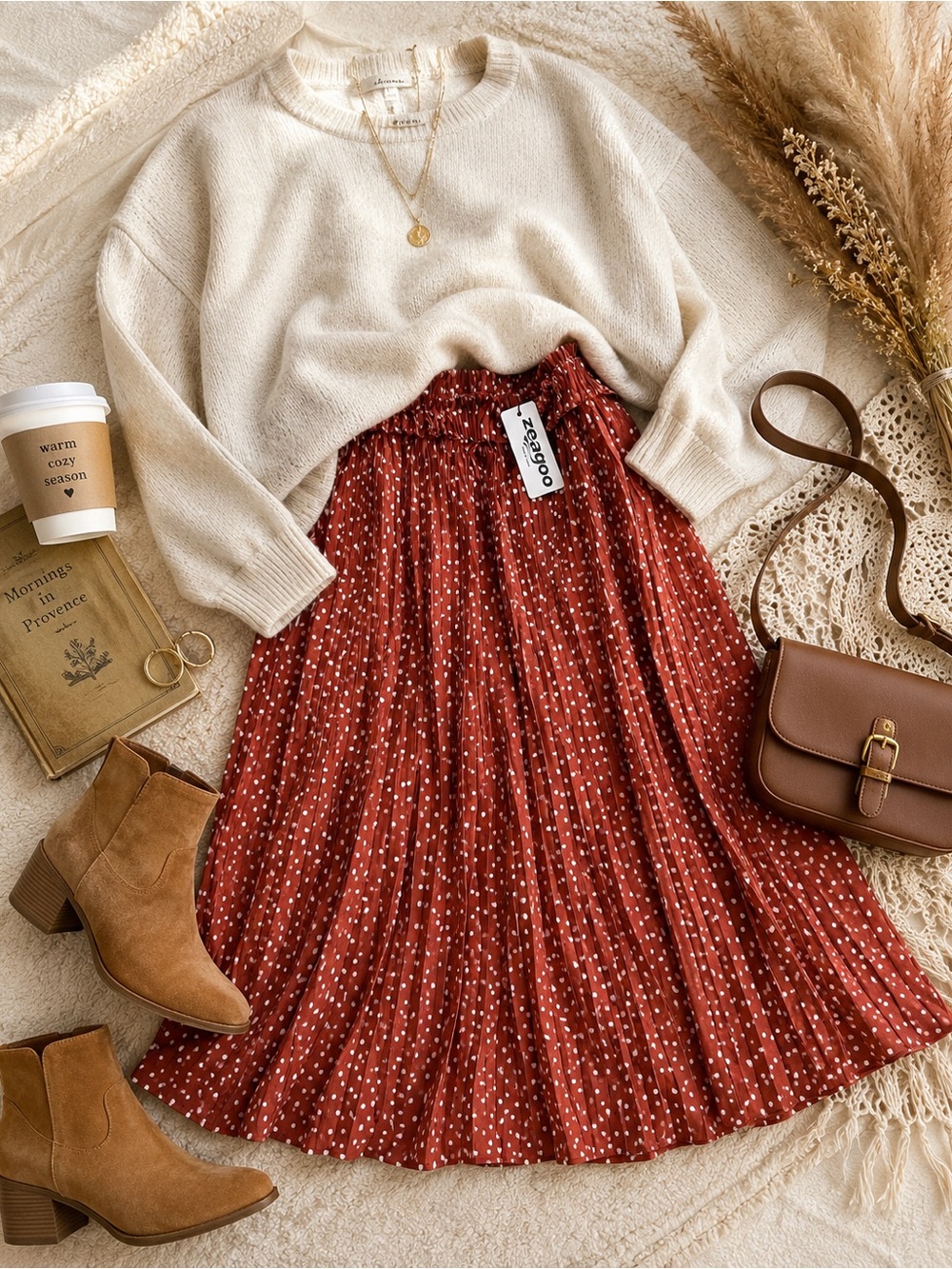 NWT Terracotta Polka Dot Pleated Midi Skirt | Paperbag Waist Cottagecore
